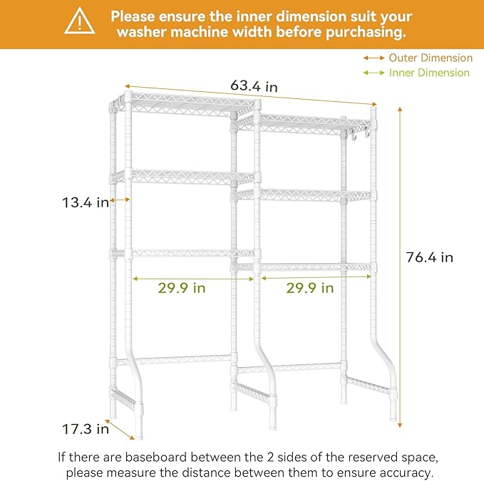U15 Over Washer and Dryer Storage Shelves, Laundry Above Washer Dryer Storage Rack Space Saver, 6-Tier Wire Shelf with 4 Hooks for Organization, 63.4"W x 17.3"D x 76.4"H, Holds 568lbs, White
