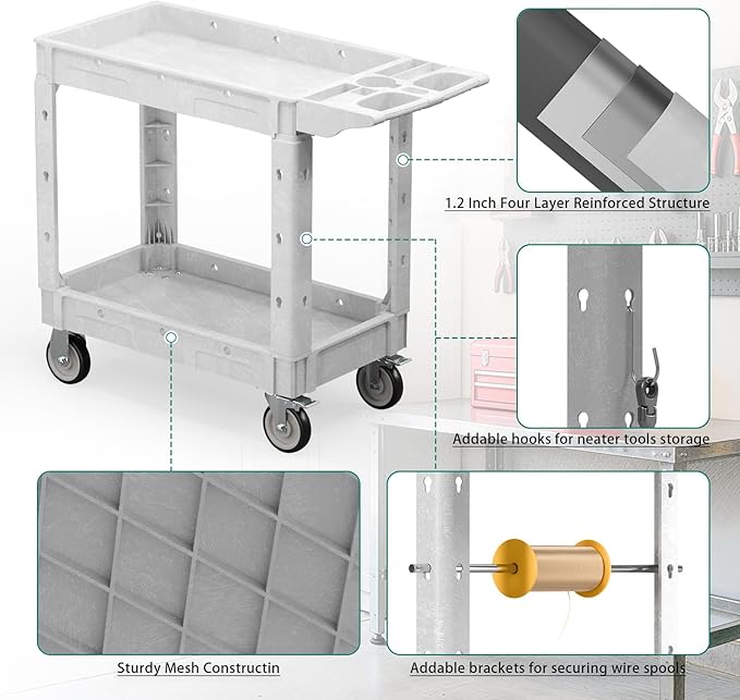 Heavy Duty Utility Rolling Tool Cart, 550 lbs Capacity Plastic Rolling Carts with 360°Swivel Wheels, 40 x 17 Inch Service Cart, 2 Shelf Work Cart for Warehouse,Garage, Cleaning, Grey