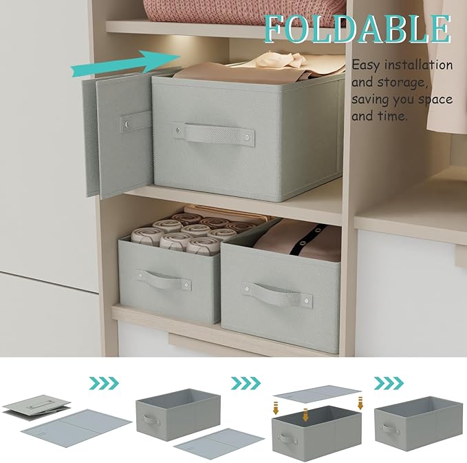 Fabric Storage Boxes for Shelves, 3 Pack Foldable Cloth Bins, Closet Organizers System with 2 Handles, Durable and Sturdy, Saving Space, Grey, 16.1 x 9.8 x 6.5 In, XSNY11GM-3