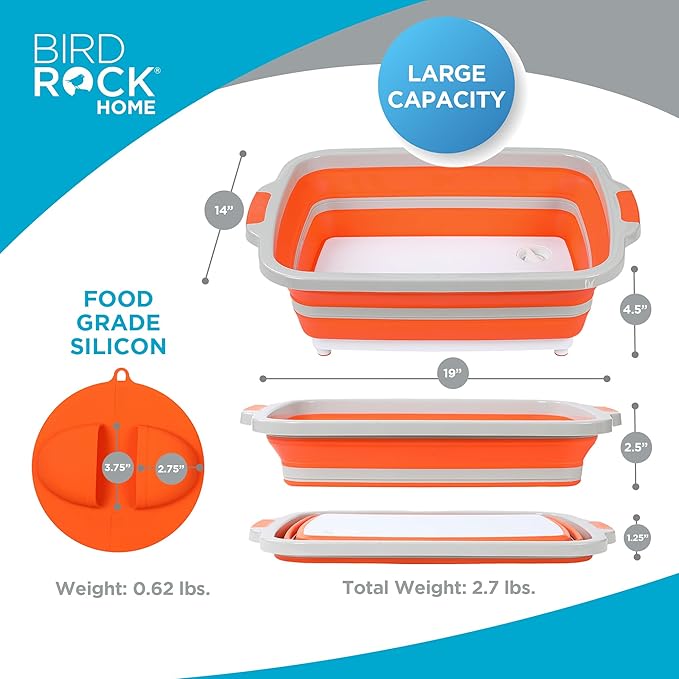 BIRDROCK HOME Collapsible Large BBQ Prep Tub w/Cutting Board, Multi-Function Grill Caddy w/Colander & Lid, Portable Silicone Dish Bowl for Picnic, Tailgate, Camping - Orange + 2pc BBQ Mitts