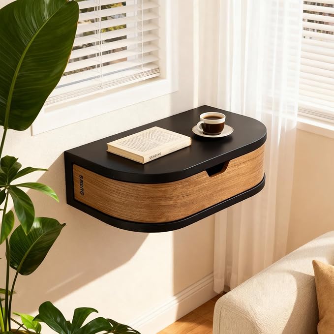 10.4Inch Floating Nightstand, Wall Mounted Bedside Shelf, Handmade Bedroom Furniture,Floating Bedside Table, Floating Nightstand with Drawer (Black, Single Drawer)