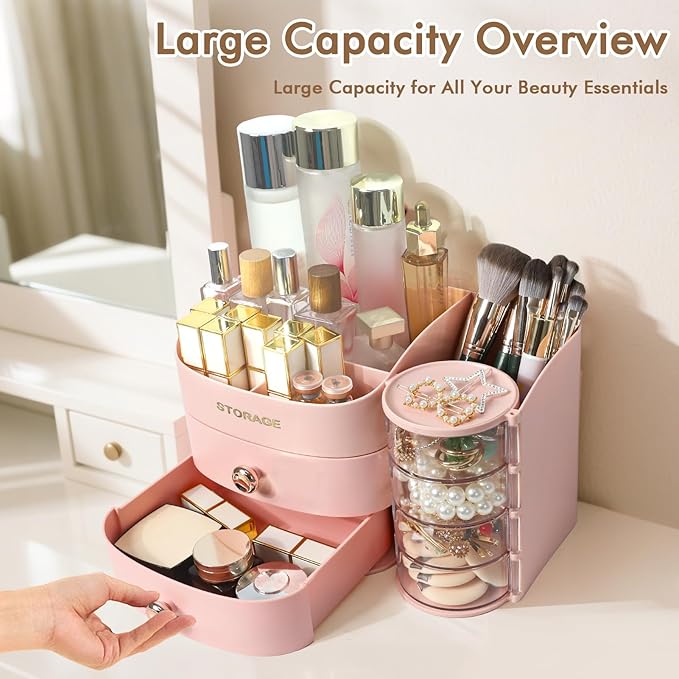 XIAPIA Makeup Organizer Countertop, Make Up Organizer for Vanity, Skincare & Cosmetic Organizers with Drawers, Bathroom Organizers Storage for Brush Holder|Lipstick|Jewelry, Ideal Gift for Women PINK