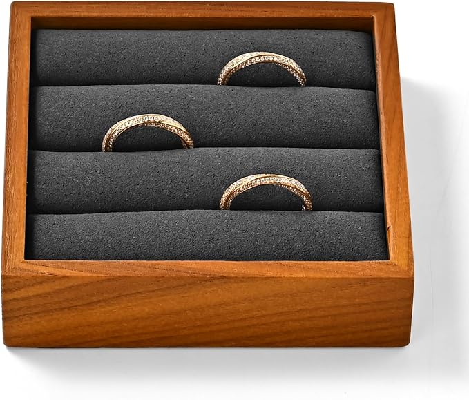 Solid Wood 3-Slots Jewelry Ring Display Tray Showcase Small Jewelry Display Organizer Tray for Rings(S,Grey)