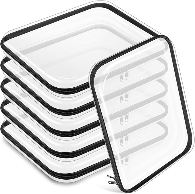 Sanwuta 6 Pcs Clear Hard Zipper Case Hard Plastic Zipper Pouches Transparent Makeup Bag Pencil Pouches for Travel Snacks Christmas Trinket Storage Organizer Box(Black,13.78 x 11.81 x 2 Inch)