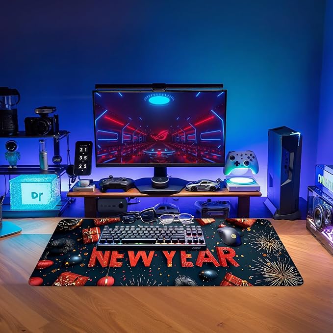 Happy New Year Gaming Mouse Pad 31.5"x11.8"Desk Mat Anti-Slip Rubber Base & Durable Stitched Edges for Gamers Smooth Mouse Writing Surface for Desk Office/Home
