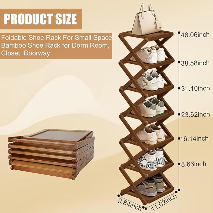YYW Flat Bamboo Shoe Rack for Entryway, Installation-Free and Folding Vertical Small Shoe Rack, Saves Space Narrow Shoe Racks for Doorway Closet