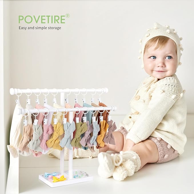 POVETIRE Headband Holder Stand Storage for Baby, 2 Tier Wooden Bow Organizer for Girls Hair Bows, Infant Hair Accessories Rack Display for Nursery Decor
