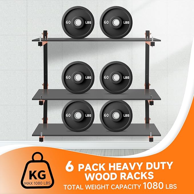 6 Pack Lumber Rack Wall Mount, Heavy Duty Wood Storage Racks, 9-Level System Organizer Shelving, 1080 LBS Capacity Hanging Garage Shelves, Orange Brackets Utility Metal Shelf for Indoor and Outdoor