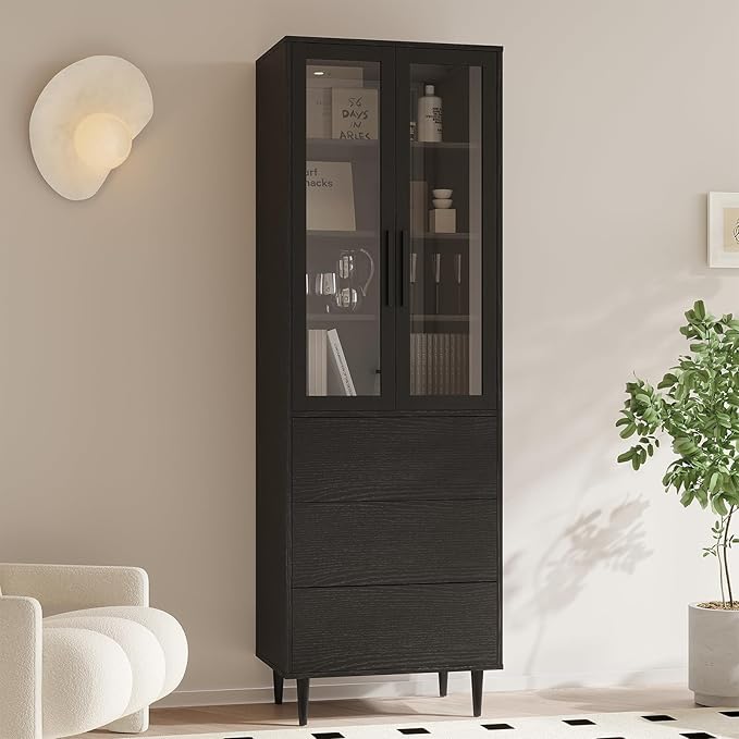 TUSY 70.9“ H Book Shelf with Drawers, 7-Tier Bookcase with Glass Doors, Display Curio Cabinet, Office Storage Cabinet, Narrow Display Bookcase for Home, Office, Clinic, Pantry (Black)
