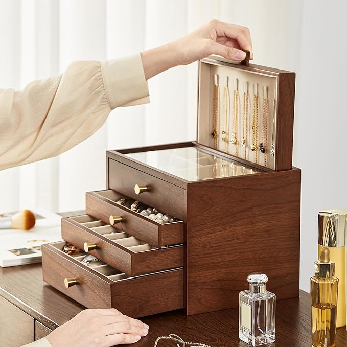 Black Walnut Wooden Jewelry Box for Women 4 Layer with Glass Lid and Pull-out Necklace Storage Layer Watch Necklace Ring Earring Storage,Christmas Gifts
