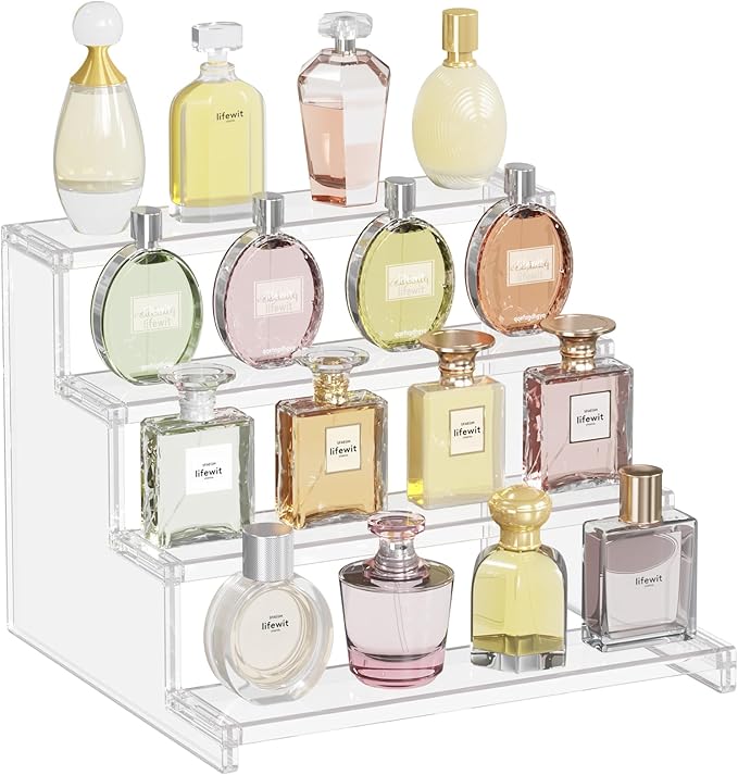 Lifewit 12 Inch Perfume Stand Organizer for Women, 4 Tier Plastic Display Riser, Tool-Free Assembly, Fragrance Makeup Cosmetics Shelf for Vanity Bedroom Bathroom Storage Organization, Clear, 1 Pcs