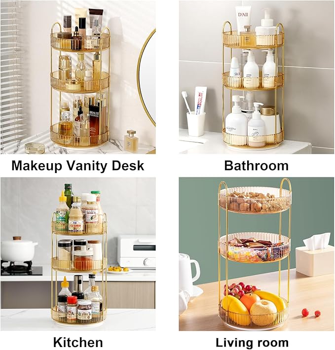 360 Rotating Makeup Organizer for Vanity, Bathroom Countertop Spinning Perfume Organizer, High-Capacity Cosmetic and Skincare Dresser Make Up Holder Rack (3 Tiers, Yellow)