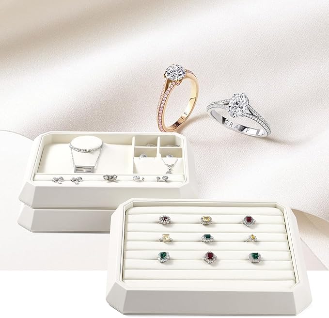 Premium PU Leather Stackable Jewelry Ring Display Tray Ring Earring Display Holder Organizer Showcase(Beige)
