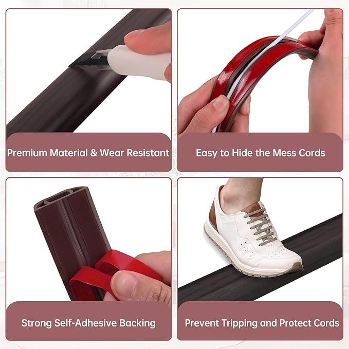 Floor Cord Cover Self Adhesive Cord Hider Floor Extension Cord Covers for Floor Power Cord Protector Cable Management Prevent Cable Trips Cable Cavity 0.59" W x 0.31" H (Dark Walnut, 3.3Ft)