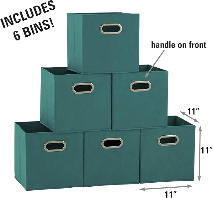 Household Essentials Fabric Storage Cubes 6 Pack – 11x11x11 Foldable Non-Woven Bins with Chipboard Sides & Grommet Handles – Stackable Cube Organizer for Closet, Nursery, Shelf, or Office – Aqua