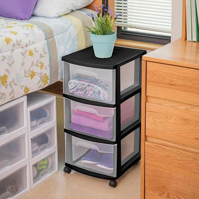 Sterilite 8 Pack Plastic Storage Organizer, 3 Drawer Rolling Bin Cart, Closet Organization, Black