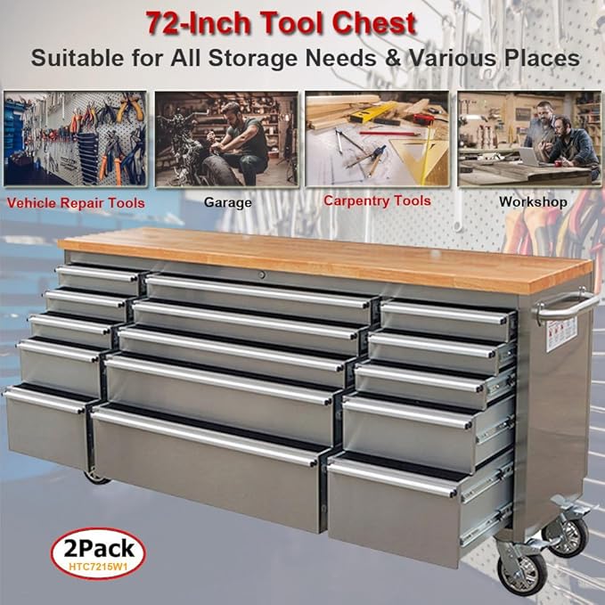2 Pack - 72" Stainless Steel Rolling Tool Chest with 15 Drawers, Lockable Storage Cabinet, Mobile Workbench, Assembled Large Tool Box with Wheels for Garage Workshop (2 × HTC7215W1)