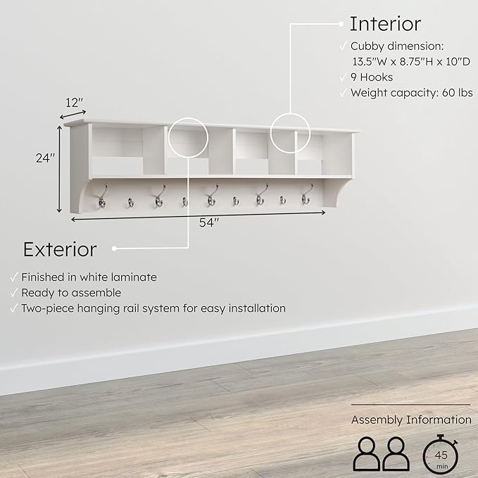 Prepac 60" Contemporary Wall Mounted Coat Rack, Coat Hooks Wall Mount with 4 Shelves, Ideal for Hallway or Entryway Storage Solution, 11.5"D x 60"W x 16.5"H, White
