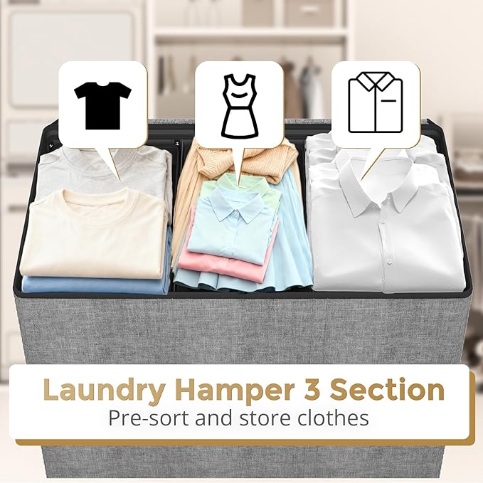 180L Laundry Hamper 3 Section, Large Laundry Basket with Lid, Laundry Basket Organizer with Handles, Grey Divided Laundry Baskets, Clothes Hampers for Laundry, Bedroom, Bathroom
