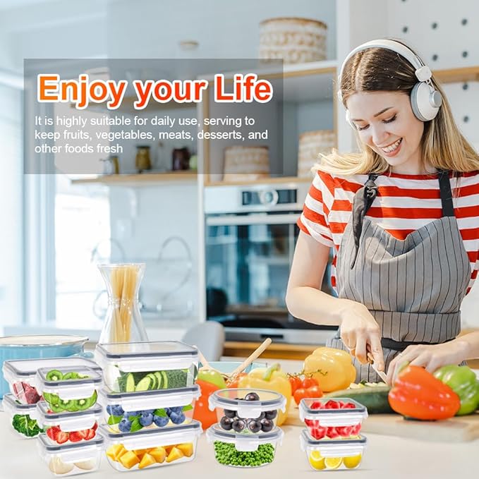 24Piece Food Storage Container with Lids (12 Containers + 12 Lids)，plastic sealed food storage box，Suitable for the storage and organization of food in the kitchen，BPA Free Storage Containers