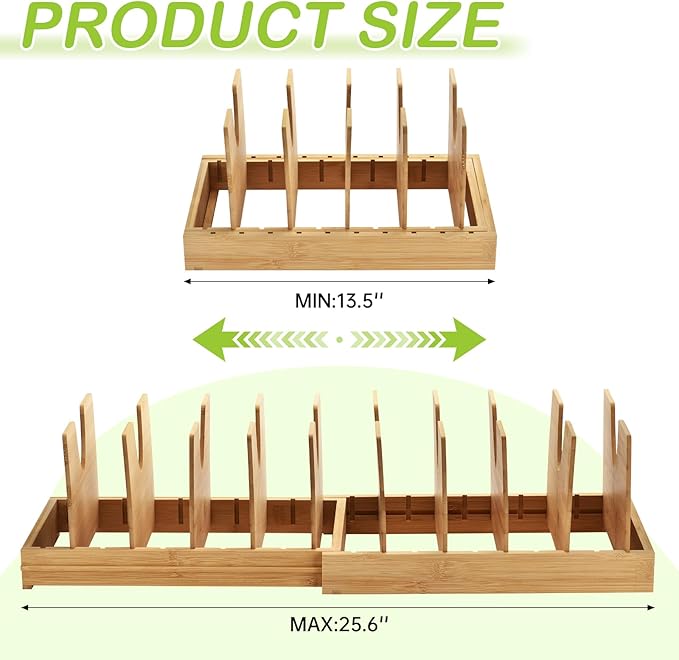 Pots and Pans Organizer under Cabinet - Bamboo Expandable Pot Lid Organizer, Adjustable Bakeware and Cutting Board Organizers, Pot Lid Holder Rack for Kitchen Organizers and Storage