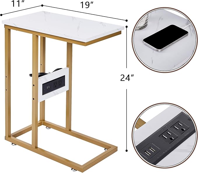 VECELO C Shaped End Side Table with Charging Station & Power Outlets for Couch Sofa/Bed, Snack TV Tray with Metal Frame for Living Room Bedroom 2 PCS, Gold