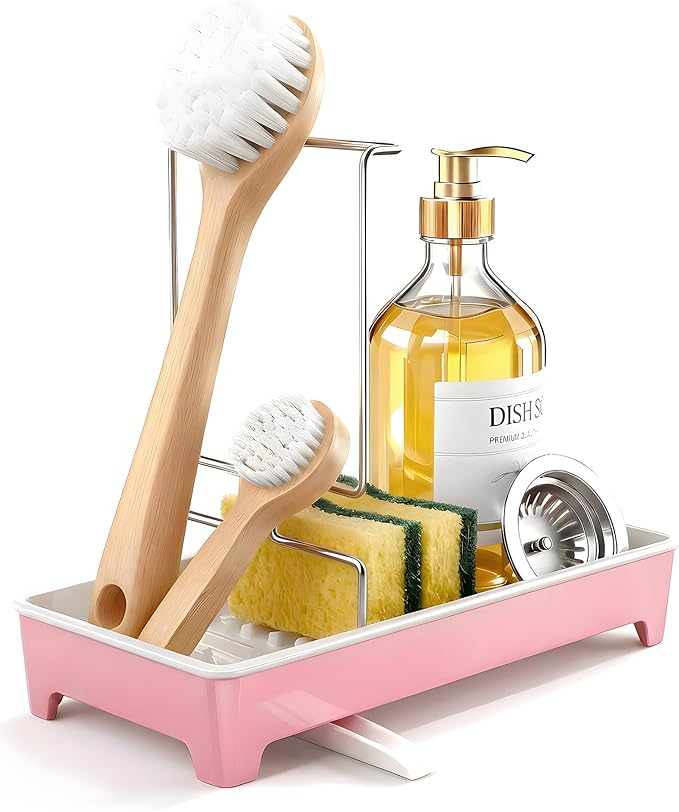 Ceramic-Look Sink Caddy, Rustproof Sponge Holder for Kitchen Sink with 304 Stainless-Steel Brush Holder, Countertop Rack Organizer with Raised Ridges & Silicone Drain Tube (Blush Pink)