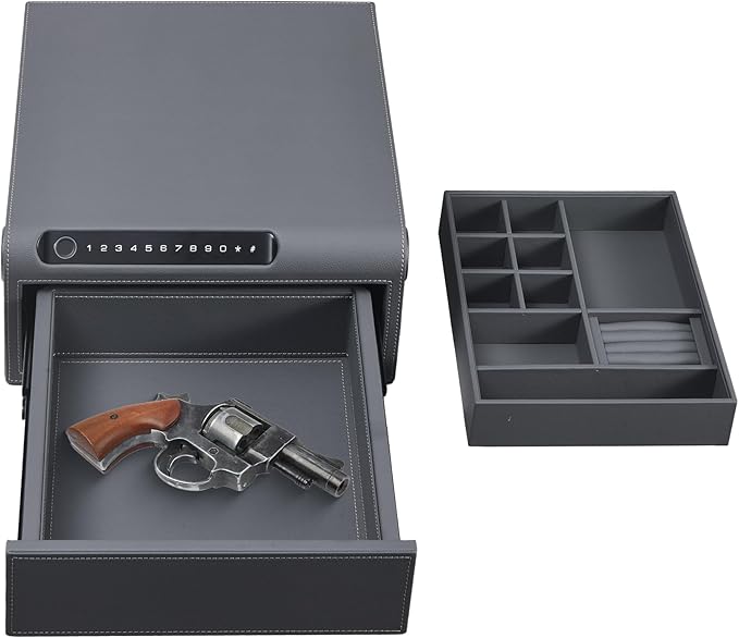 Jewelry Safe with Drawers，Biometric Fingerprint safe, Slide-Away Handgun Safe for Pistols, Leather Wrapped Jewelry Storage Safe, Digital Keypad & Quick-Access Drawer (Grey- 1 Drawer)