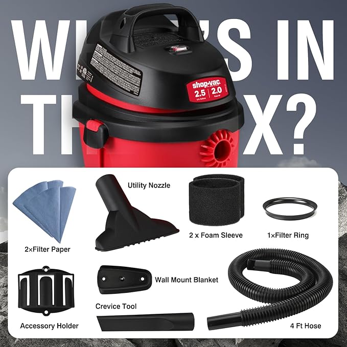 Shop-Vac 2.5 Gallon 2.0 Peak HP Wet/Dry Vacuum, Portable Compact Shop Vacuum with Top Handle, Wall Bracket & Attachments