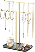 pickpiff Necklace Holder Jewelry Organizer Stand – 2‑Tier T‑Bar Jewelry Display Tree with Tray for Countertop Necklace Bracelet Earring Storage, Vanity Dresser Bathroom Sink, Black-Gold