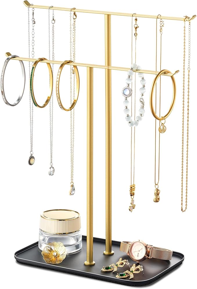 pickpiff Necklace Holder Jewelry Organizer Stand – 2‑Tier T‑Bar Jewelry Display Tree with Tray for Countertop Necklace Bracelet Earring Storage, Vanity Dresser Bathroom Sink, Black-Gold