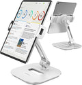 AboveTEK Tablet Stand Holder, Stylish Aluminum iPad Stands, Foldable 360° Swivel iPad iPhone Table Stand Holder fits 4-11" Tablets/Smartphones for Kitchen Bedside Office POS Showroom Reception (White)