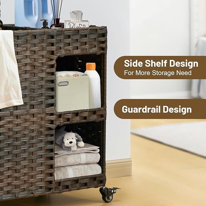 Laundry Hamper with Wheels, 42.3 Gal.(160 L) Laundry Sorter with Shelves, Rattan Clothes Hamper with 4 Removable Liners & 3 Mesh Bags, Handwoven Organizer for bedroom, bathroom, laundry room, Brown