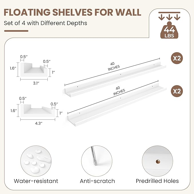 Fun Memories Picture Ledge Shelf, White Floating Shelves Set of 4, 40 Inch Picture Shelves for Wall with Ledge, Large Nursery Book Shelf for Toys Storage, Living Room, Bedroom Decor Frames