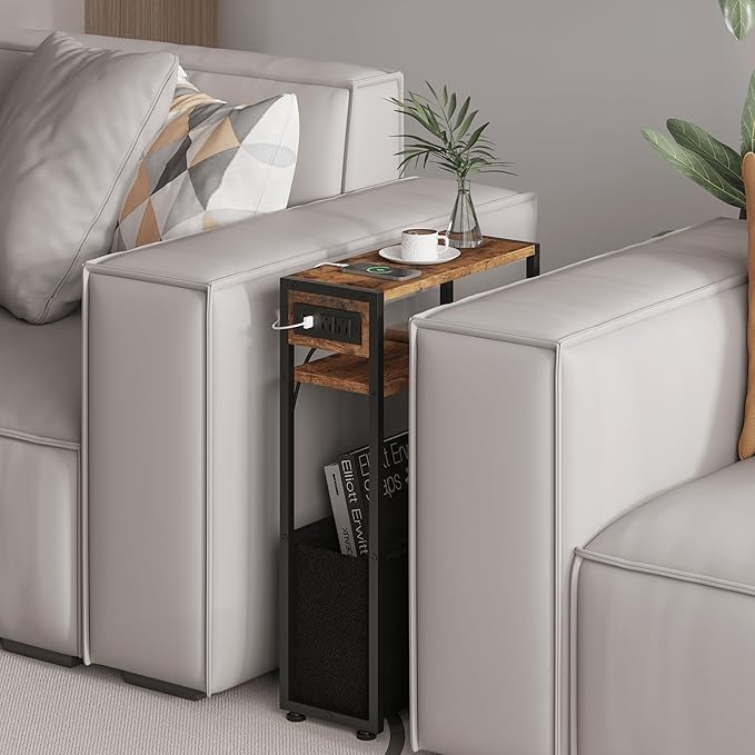 Narrow Side Table, Slim End Tables with Fabric Basket, Skinny Table for Small Spaces, Thin Bedside Table for Living Room, Bedroom (1, Rustic Brown - Outlet)