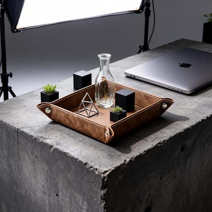 siduater Valet Tray Desktop Storage Organizer – Vegan Leather Catchall Bedside Vanity Tray Nightstand Caddy Holder for Remote Controller, Watch, Keys, Phone, Wallet, Coin, Jewelry, Stone Khaki