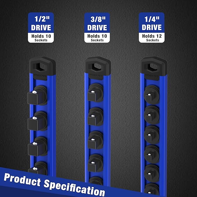 WORKPRO Magnetic Socket Organizer, 1/4-Inch Drive Aluminum Alloy Sockets Rail, Heavy Duty Sockets Holder, Socket Rack Kit 1/4-Inch x 12 Clips (Blue)
