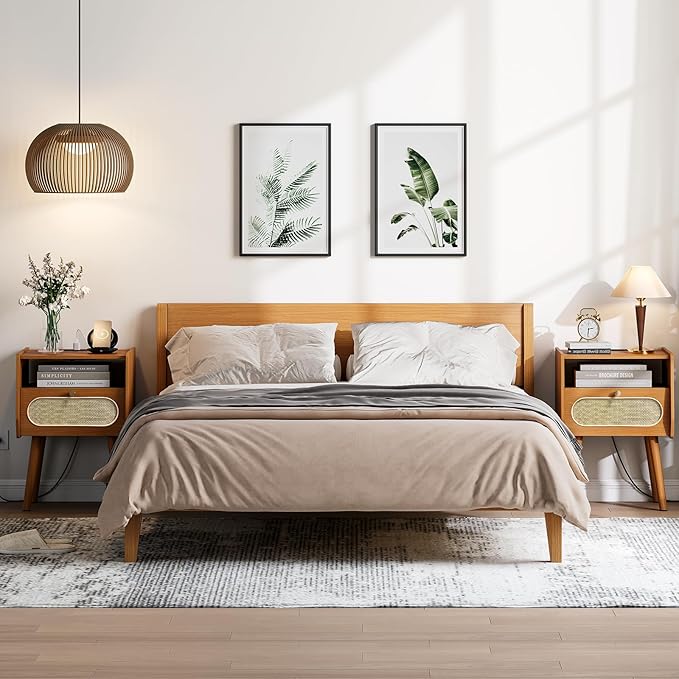 Night Stand Set 2, Mid Century Modern Nightstands, Rattan Bedside Table with Charging Station, Boho End Table with Drawer Storage, Solid Wood Legs Bed Side Tables for Bedroom, Cherry
