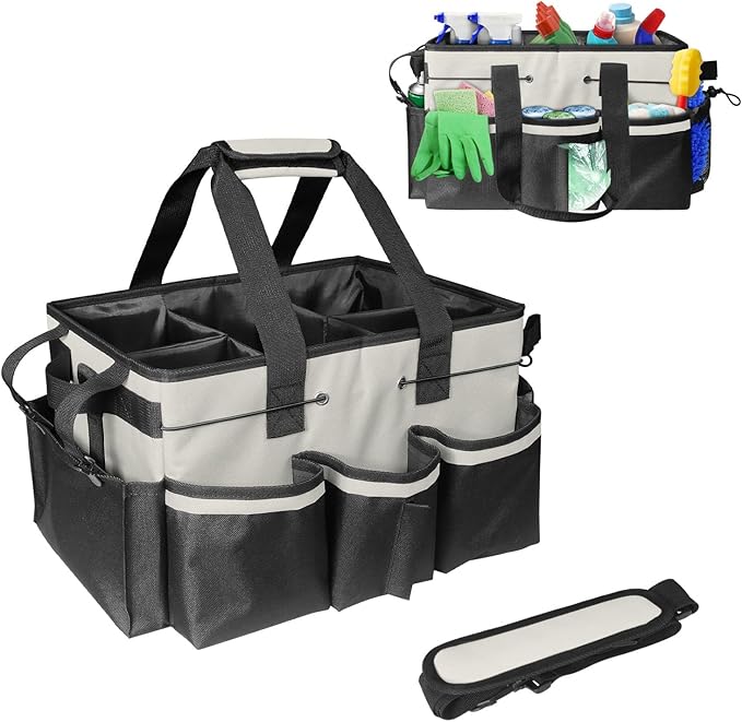 Boczif Cleaning Caddy Bag Wearable, Cleaning Caddy Supplies Organizer with Handle, Shoulder Straps & Detachable Divide, Cleaning Tool Organizers Tote Bag for Cleaners & Housekeepers (White)