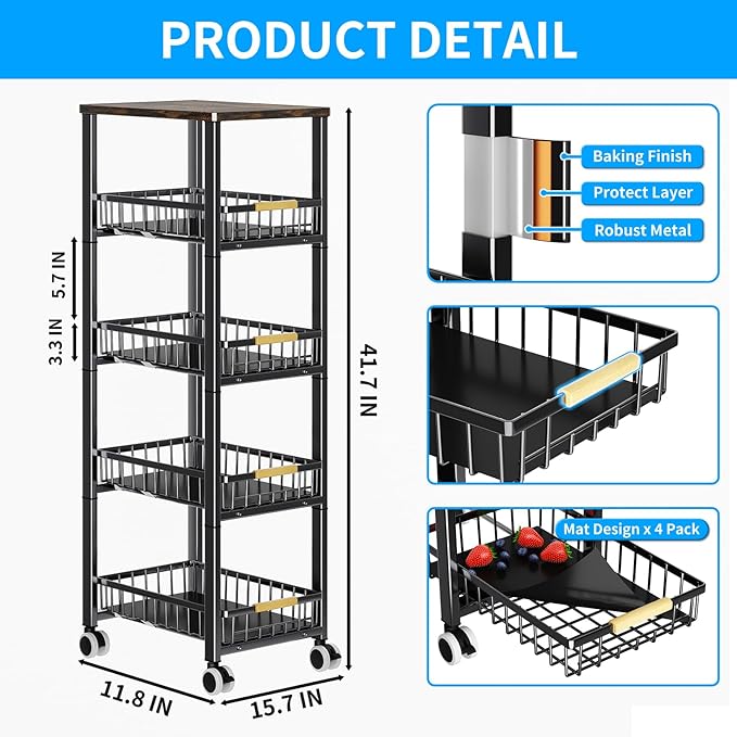Fruit Vegetable Storage Basket for Kitchen, 5 Tier Large Pull-Out Metal Wire Baskets with 4 Pack Mats Bottom, Wood Top and Wheels, Vegetable Produce Bins Stand Cart Rack for Onions and Potatoes