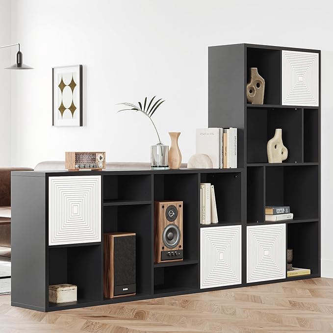 Wooden 8 Cube Storage Organizer, Cubby Storage Organizer with Doors, Multipurpose Cubbies Organizer with Adjustable Shelves, Display Storage Cabinet with Closed Back for Living & Office, Black