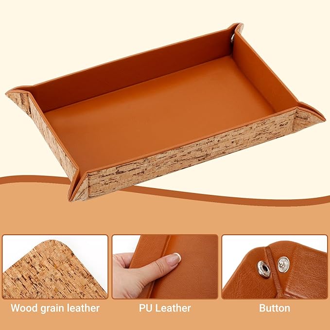 EZDeco PU Leather Valet Tray Premium Nightstand Organizer Caddy Holder for Men and Women Jewelry Keys Rings Glasses Coins Desk Storage Brown