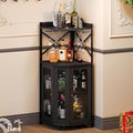 JKsmart Corner Bar Cabinet with Glass Holder, 4-Tier Industrial Wine Bar Cabinet with Door, Liquor Cabinet Bar for Home, Farmhouse Corner Storage Cabinet with Shelf for Coffee Bar, Black