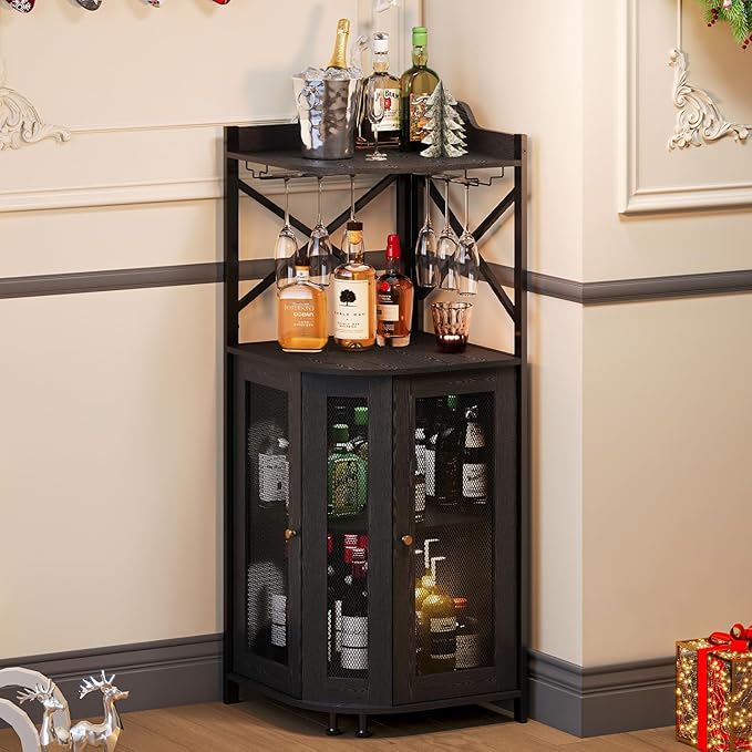 JKsmart Corner Bar Cabinet with Glass Holder, 4-Tier Industrial Wine Bar Cabinet with Door, Liquor Cabinet Bar for Home, Farmhouse Corner Storage Cabinet with Shelf for Coffee Bar, Black