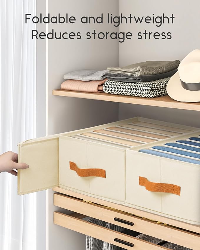 Closet Organizers and Storage - Fabric Clothes Organizer with Handles, Foldable Jeans Organizer for Clothes, Drawer Organizer for Shirts, Bra, Sweater, Scarf, 4 Pack, Beige