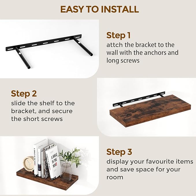 48 Inch Floating Shelves, 9.3 Inch Deep Floating Shelf for Wall, Rustic Wood Wall Shelves 48 x 9.3 x 1.5, Large Bathroom Shelf 48 Inch Long, Deep Shelves for Kitchen, Bedroom, Rustic Brown Color