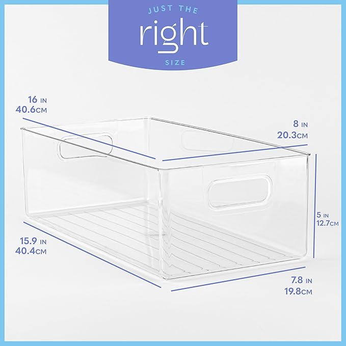 primebox Plastic Food Storage 8 Pack Clear Container Bin with Handles for Organizing Kitchen, Pantry, Refrigerator, Freezer, Pantry, Cabinet, Closet, Bathroom. 16”x8”x5”