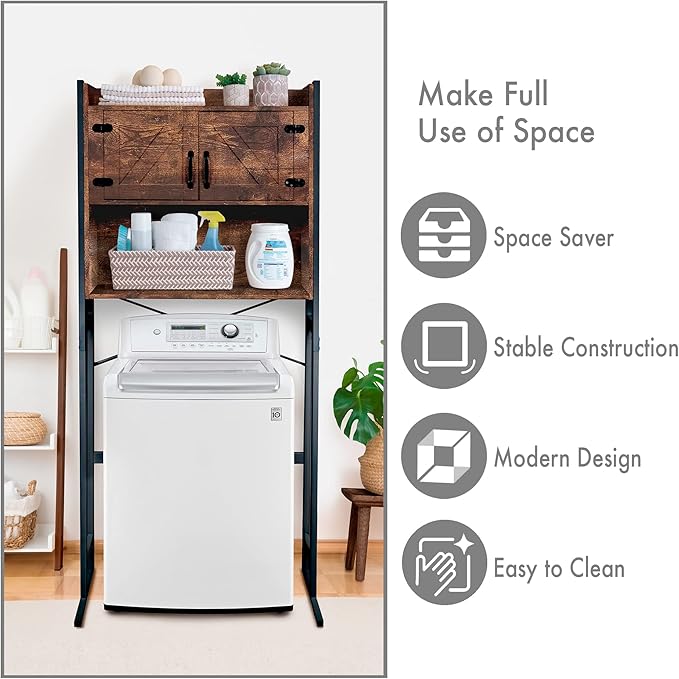 Over The Washer or Over The Toilet Storage Cabinet w/Height Adjustable Shelf Laundry Room/Bathroom Organizer Rack, 2-Door Freestanding Rack Space Saver, Wood