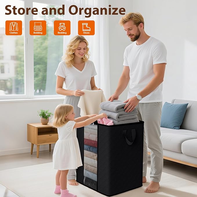 SpaceWhisper 6 Pack 100L Clothes Storage, Foldable Thick Fabric Blanket Storage Bags, Containers for Organizing Bedroom, Closet, Clothing, Comforter,Closet Organization with Handle,Black