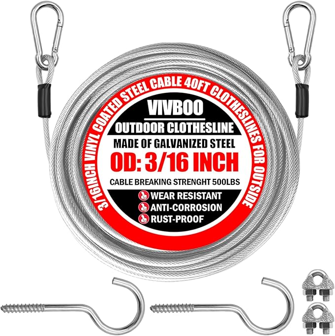 40ft Clothes Line Outdoors 3/16" Wire Ropes Silver PVC Coating Laundry Drying Clothesline with Metal Hooks and Snap Heavy Duty for Umbrella Travel Outside Camping Backyard